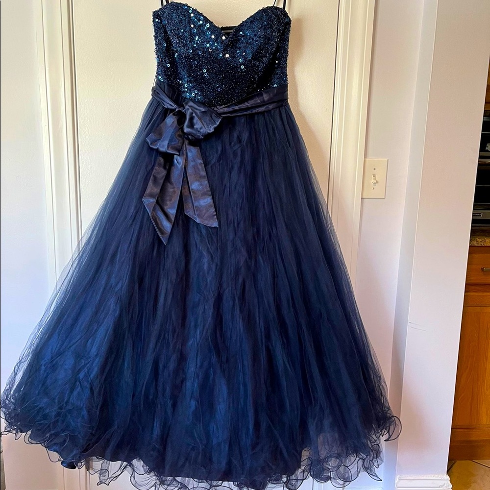 CECILY BROWN TULLE NAVY BLUE SEQUINED PROM DRESS